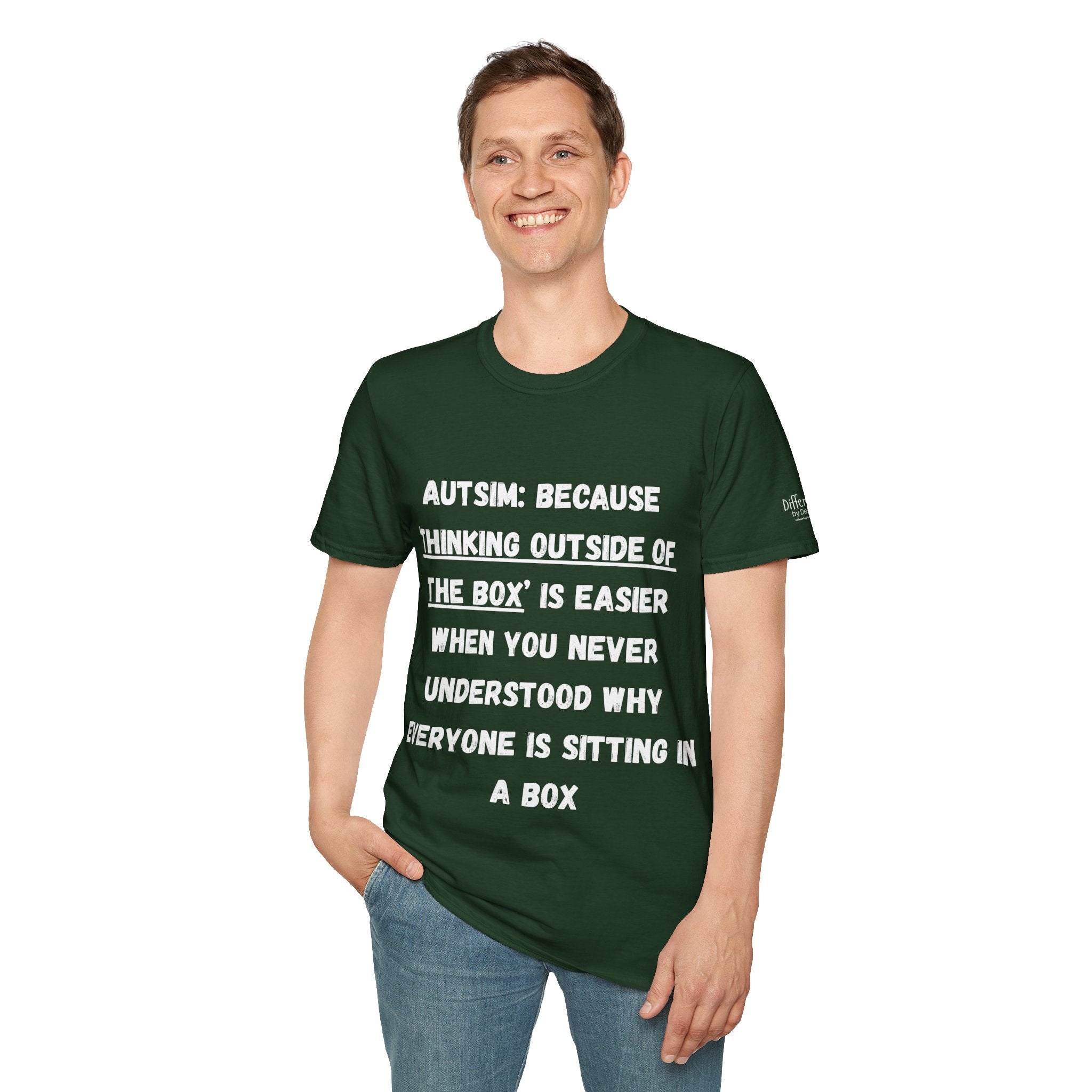 Autism Awareness T-Shirt — "Autism: Because Thinking Outside of the Box Is Easier"